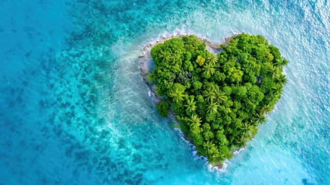 Aerial View of a Heart-Shaped Island Surrounded by Tropical Blue Waters and Lush Greenery in a Serene Landscape
