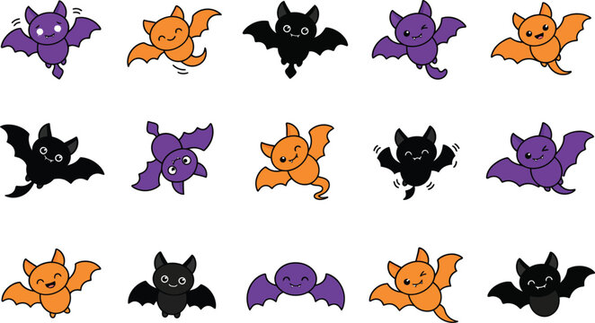 Cute cartoon halloween bat character set in various poses and expressions with halloween, character 