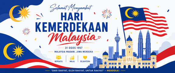 Malaysia Independence Day Flat Vector Banner with National Landmarks © Mustain