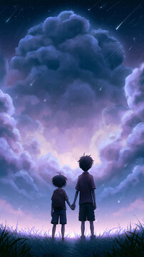 Silhouette of Two People Stargazing Under Dramatic Stormy Sky at Dusk