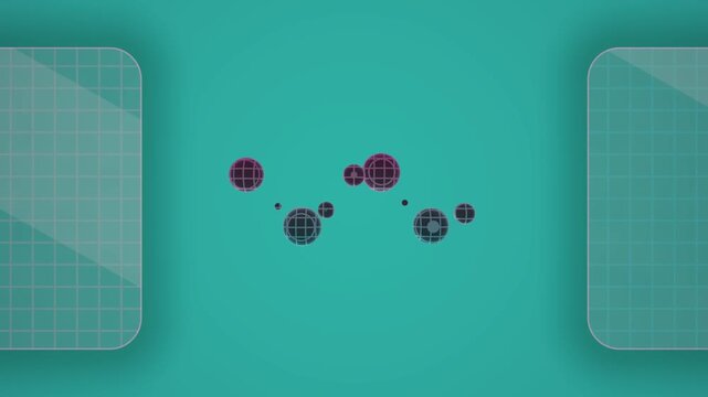 Abstract Geometric Pattern with Gridded Squares and Floating Circular Globe Icons on Teal Background
