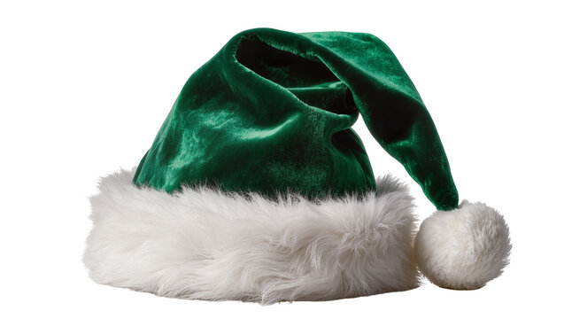 Green velvet Santa hat with white fur trim and pompom, isolated on transparent background