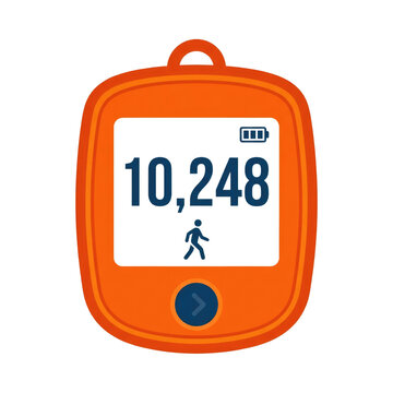 Orange digital pedometer displaying ten thousand steps count with battery and walking figure