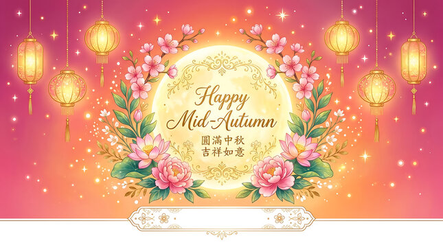 Elegant circular frame features vibrant pink lotus flowers and delicate cherry blossoms for Mid-Autumn festival celebration.