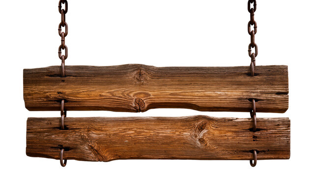 Rustic wooden planks suspended by rusty chains, isolated on transparent background
