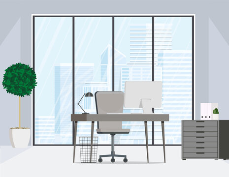 Office interior with panoramic views of skyscrapers. Vector illustration.