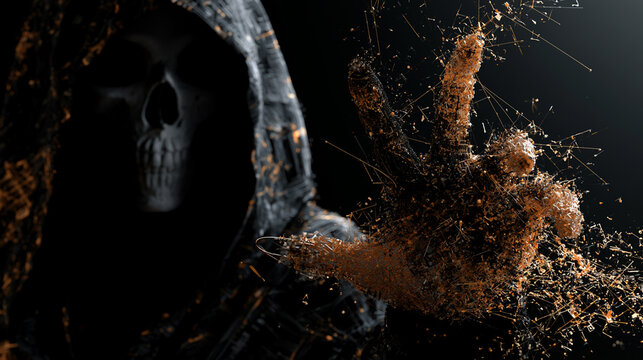 Skull, reaper. Sparkling and Metals Splash on Dark Reflective Surface. Dark technology. Hooded figure in shadow.