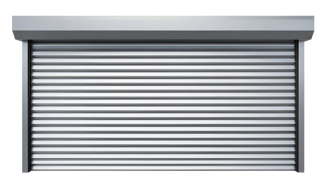 Metallic roller shutter door with horizontal slats, isolated on transparent background