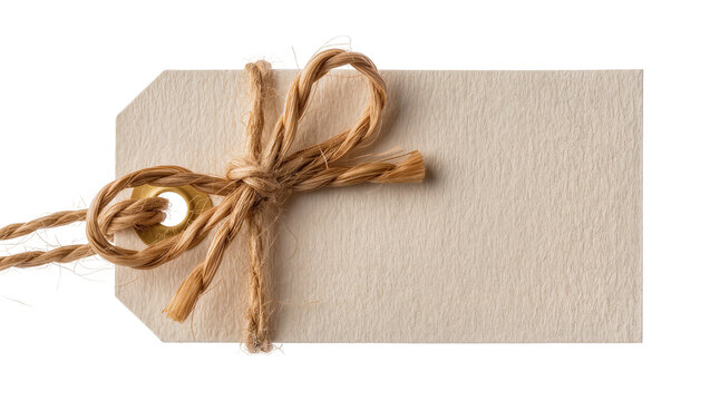 Blank beige paper tag with rough twine bow and brass grommet, isolated on transparent background