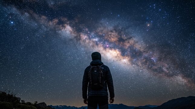 Man standing alone looking at the Milky Way galaxy in the starry night sky over mountains