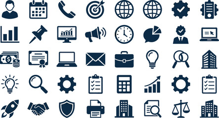 Fototapeta premium Business Management Icon Set with Corporate Marketing, Financial Analytics, Strategic Planning, and Workplace Office Symbols for Website UI and App Designs