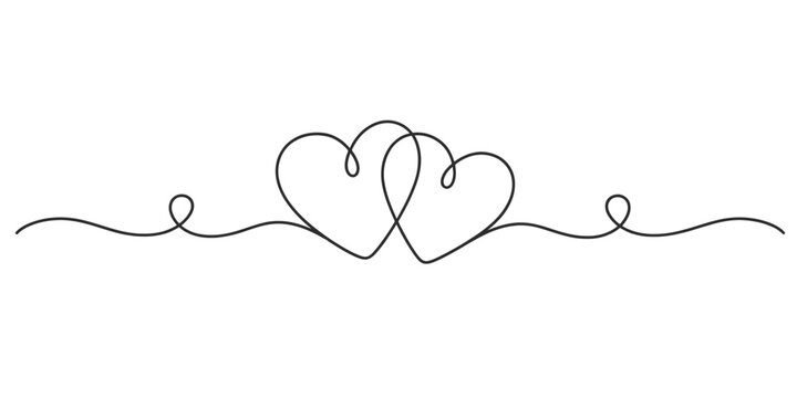 Continuous line art illustration of two interlocking hearts in a minimalist black and white style