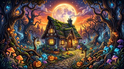 Fototapeta premium Enchanted halloween cottage spooky forest scene with jack o' lanterns and full moon