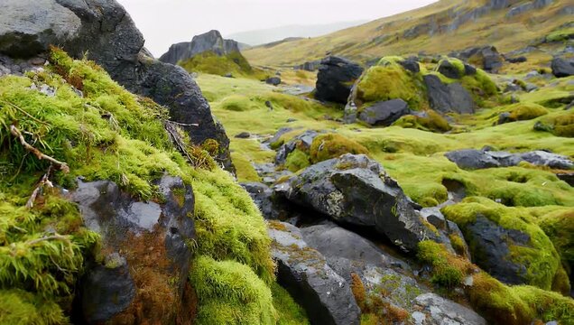 Incredible 4K panning shot exploring geological fields of volcanic rocks covered in thick emerald green wooly moss in southern Iceland highlighting the dramatic and primordial landscape textures of