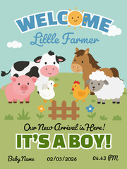 Fototapeta premium Cute Farm Animals Baby Boy Birth Announcement and Invitation Card Template