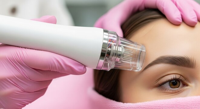 Close-up of a dermatologist using microneedling device on a woman's forehead for skin treatment