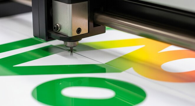 Close-up of a digital cutter precisely slicing a colorful graphic with green and yellow gradients
