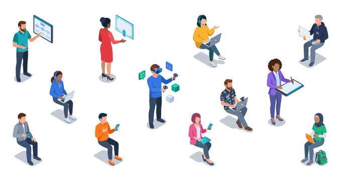 Online learning students and remote professionals working with computers | Isometric education and business people characters vector set