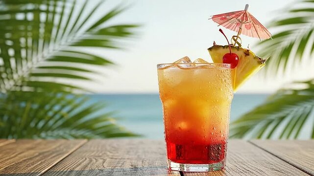 A refreshing tropical fruit cocktail sits on a wooden table by the beach