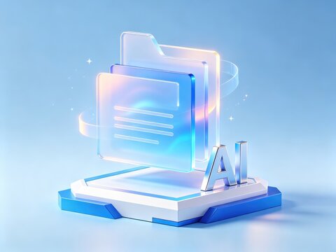 Futuristic AI document system with glowing digital files and smart automation technology, idea for artificial intelligence and data processing design