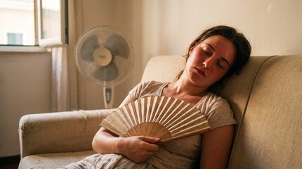 Fototapeta premium Exhausted woman slumped on sofa holding a hand fan in a hot room interior