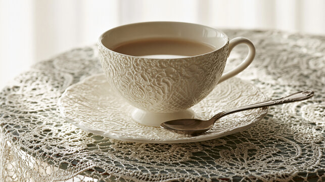 A teacup and saucer with a spoon on a lace tablecloth in soft light.