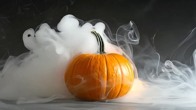 A vibrant orange pumpkin sits surrounded by swirling white smoke against a dark background