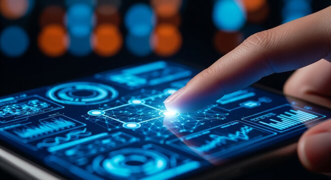Close-up of finger touching futuristic holographic interface with glowing data visualization and abstract lights
