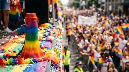Fototapeta premium Rainbow megaphone at a pride parade street festival with cheering crowd