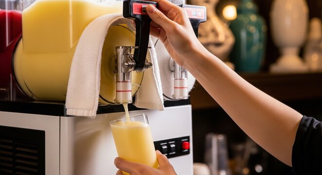 Close-up of hand pouring yellow frozen drink from a slushy machine into a clear glass
