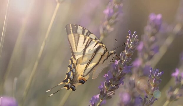 A striped butterfly with yellow and black wings resting gently on a vibrant purple lavender flower in a sunny field.