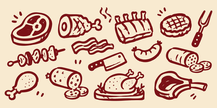 Meat icon set hand drawn doodle vector illustration