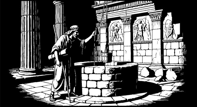 Ancient scholar studying at classical fountain.