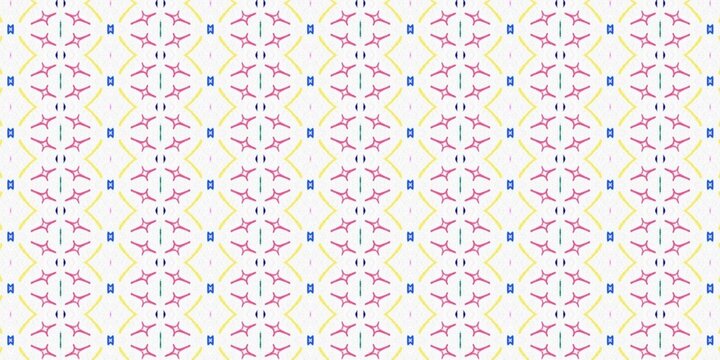 Cute seamless geometric pattern featuring repeating abstract pink and blue star motifs on a white background.