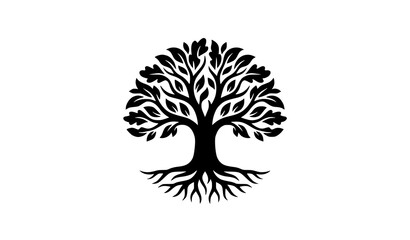 Minimal Oak Tree Logo with Roots and Branches Black Silhouette Vector Icon Design © Sova