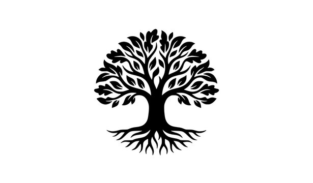Minimal Oak Tree Logo with Roots and Branches Black Silhouette Vector Icon Design