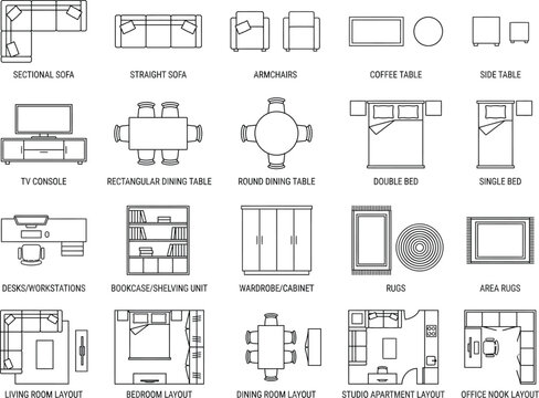 architectural furniture legend. 2d cad floor plan symbol set, top view furniture blocks, sofa, chair, table, bed, cabinet and interior layout symbols for space planning. editable vector