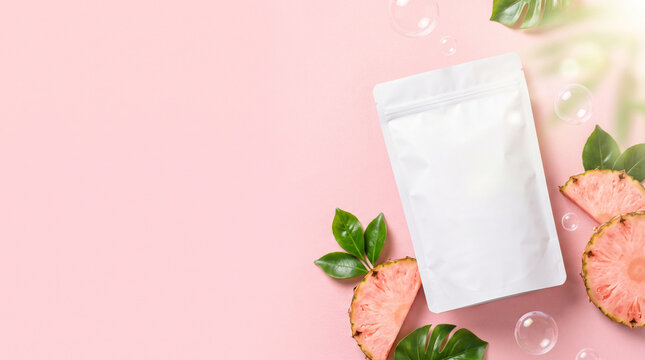 Blank white stand up pouch mockup with sliced pink pineapple and tropical leaves on a pink background