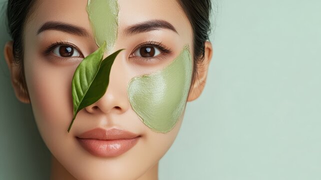 Young woman with smooth skin wears a green facial mask and holds a natural leaf near her face.