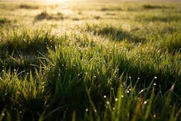Obraz premium Morning dew on green grass illuminated by sunlight in a field