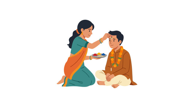 Sister applying tilak to brother's forehead, Indian festival, celebration