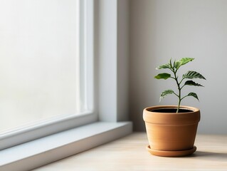 Fototapeta premium Coffee plant in terracotta pot on windowsill near cup of black brew, sustainable coffee culture, farmtocup connection