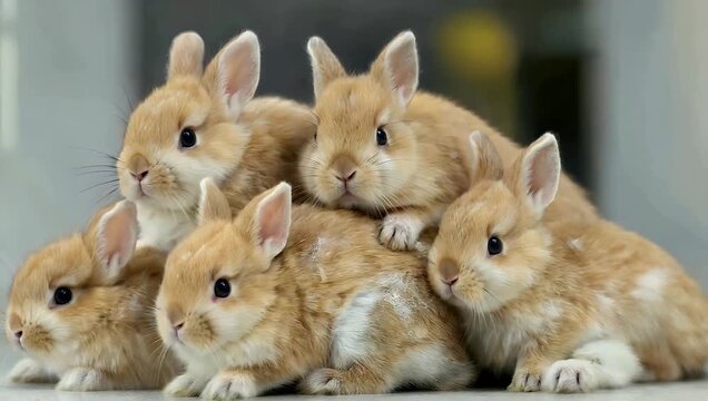 Cinematic 4K medium shot of several blonde newborn bunnies cuddled together on soft backdrop emphasizing fur texture gentle motion cuteness animal lifestyle pet stock 