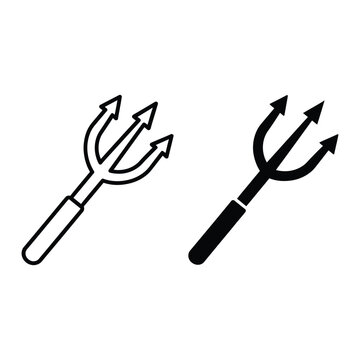 Trident icons, devil pitchfork symbols, line art illustration