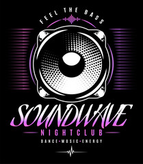 Retro Neon Club Poster with Large Speaker Driver and Purple Gradient Text Soundwave Nightclub Dance Music Energy. © 111chemodan111