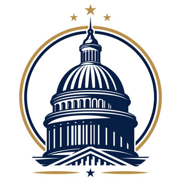 US Capitol Dome Emblem in Blue and Gold within a Circular Frame with Stars and Stripes Accents for Political Identity.