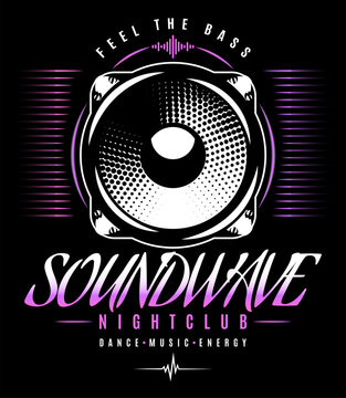 Retro Neon Club Poster with Large Speaker Driver and Purple Gradient Text Soundwave Nightclub Dance Music Energy.