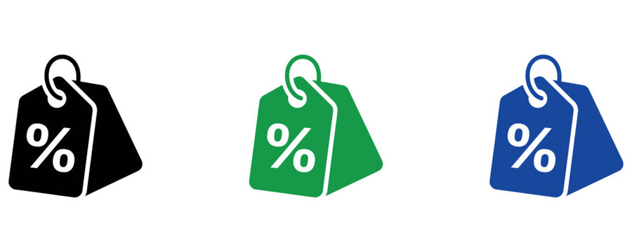 Set of three colorful discount price tag icons with percent symbols for retail marketing sales.