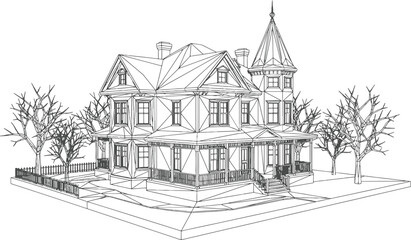 Hand-drawn sketch of a victorian-style house with a prominent turret porch surrounding trees representing architecture and residential property real estate house drawing architecture © Kanon Islam