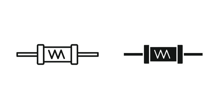 Electrical resistor component symbol set in outline and solid black style for circuit diagram electronic